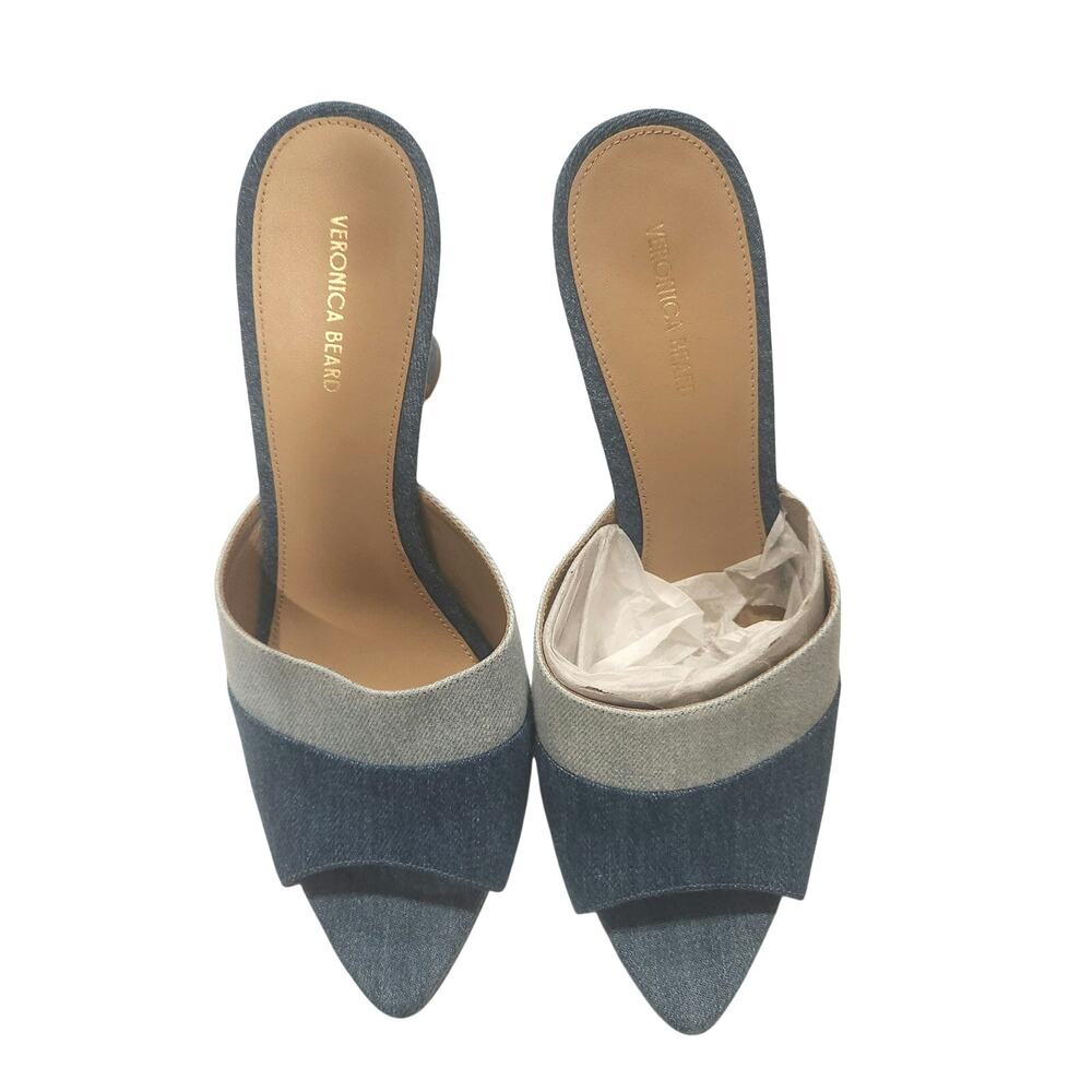 Veronica Beard Two-Tone Denim Blue Open-Toe Mules - Picture 2 of 6